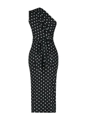  Collection فستان أسود مطبوع بكتف واحد غير متماثل برباط مفصل محبوك TWOSS23EL02182