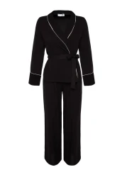  Collection Double Breasted Cut Viscose Black Pajamas Set - Belted and Piping Detail Thmaw22pt1109