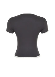  Collection تي شيرت محبوك مرن من نسيج أنثراسايت اللزج/الناعم ذو كتلة الألوان مناسب للجسم TWOSS24TS00063