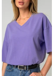 Happyfox V-Neck Unprinted Oversize Women's T-Shirt - Cotton and Lycra, Basic Blue Purple