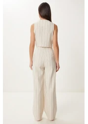 Happiness İstanbul بدلة بنطلون نسائية من الكتان المخطط باللون الأسود الكريمي BV00129