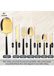 LIFE SMILE Cutlery Set, 18/10 Pure Stainless Steel Flatware Set with Stand, Rust Proof &amp; Fade Proof Dinnerware Set (SHINY GOLD HEAD &amp; SHINY BLACK HANDLE, 38 Pieces)