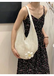 Yogodlns Hollow Out Weave Bag Bohemian Style Beach Handbag Hollow Tote Bag Large Capacity Slouchy Style Beach Bag Shopping Women Casual Beach Bag Large Capacity Crochet Flower Tote Bag Fashion Tote Ha