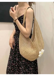 Hollow Out Weave Straw Bag Bohemian Beach Handbag Hollow Tote Bag Large Capacity Shopping Beach Bag Fashion Hollow Out Weave Straw Bag Beach Handbag Bohemian Style Beach Bag Slouchy Style Large Capaci