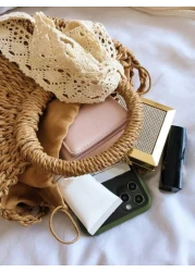 1 Pc Fashionable Bohemian Vacation Style Solid Color Woven Grass With Ribbon Decoration Circular Handle Women s Hand Held Beach Bag Suitable For Leisure Travel Vacation Simple Clothing Matching And Ou