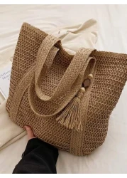 1 Pc Fashionable New Casual Summer Holiday Style Large Capacity Portable Solid Color Grass Woven Zipper Tote Bag With Wooden Bead Tassel Pendant Women s Beach Bag Suitable For Outdoor Leisure Vacation