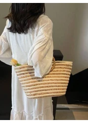 حقيبة قش كبيرة السعة ذات استخدام متعدد للنساء بمقبض دائري مخطط، حقيبة تسوق وشاطئ مناسبة للعطلات والسفر