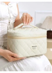 1Pc Set Beige Quilting Makeup Bag With Soft Texture Vintage Large Capacity Cosmetic Bag Travel Organizer Handheld Minimalism Cozy Foam Toiletry Big Set Lightweight Fluffy Makeup Pouch Home Decor Delic