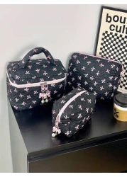 Floral Bow Decor Makeup Bag Fabric Print Zipper Pouch Sweet Style Toiletry Bag Cosmetic Bag For Home Travel Daily Use Women Makeup Organizer Makeup Storage Bag Mini Pouch Travel Small Makeup Case Acce