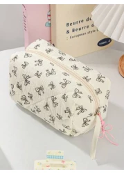 1Piece Quilted Handle Makeup Bag Small Quilted Cosmetic Bag Cute Bow Design Makeup Pouch Makeup Bag Aesthetic Travel Toiletry Bag Organizer Makeup Brushes Storage Bag For Women Bow Pencil Case For Mak
