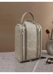 1pc Portable Stylish Three Layer PU Leather Makeup Bag Multifunctional Cosmetic Bag Double Zipper Travel Makeup Brush Toiletries Storage Bag Coin Purses Pouches Large Capacity Wash Bag With Zipper Fas