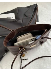 1pc Pu Solid Color Bowling Bag Large Capacity Tote Bag New Fashion Vintage Shoulder Bag Quilted Zipper Closure Suitable For Women Daily Use