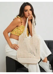 Lightweight Casual Women s Minimalist Large Capacity Hollow Out Woven Shopping Bag Crochet Bag Mothers Day Gift For Mom Large Capacity Tote Bag For Travel School Bag For Graduate Students Perfect For