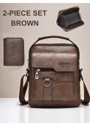 2pcs Set Retro Messenger Bag PU Leather Shoulder Bag With Wallet Large Capacity Headphone Hole Casual Minimalist Style For Commuting Business Travel Gifts For Friends Family Summer Summer Bag Spring B