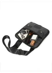 New Men s Flip Cover Mailman Bag Large Capacity Fashionable Checkered Embossed Small Chest Bag Versatile Outdoor Men s Crossbody Bag PU Waterproof Small Square Bag Men s Shoulder Bag Wear Resistant Co