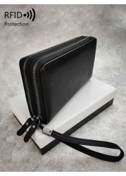 محفظة رجالية مانعة للقراءة لأجهزة RFD ذات لون أحادي بسيط مع معصم، حقيبة يد مصنوعة من جلد صناعي عصري مفرغة ذات طب