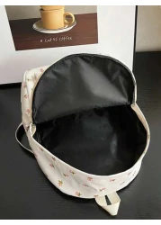 1pc White Nylon Floral Print Dual Zipper Large Capacity Fashionable Versatile Backpack Student Bag