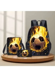 3 قطع / مجموعة حقيبة ظهر مطبوعة بنمط كرة القدم ثلاثي الأبعاد، حقيبة عبر الجسم، حافظة أقلام، حقيبة مدرسية 16 بوصة