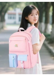 1pc Cute Dopamine Color Block Backpack With Adorable Pendant Large Capacity Girl Backpack Polyester Material Zipper Closure Suitable For School Work Commute Daily Use Back To School Gift