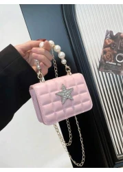 1 قطعة حقيبة مسائية مربعة ذات نجمة خماسية من اللؤلؤ وشبكة الماس، بتصميم فريد مزود بسلسلة كتف، مريحة وقابلة للا