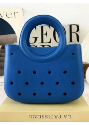 1pc EVA Solid Color DIY Hollow Out Tote Bag Waterproof Storage Basket Beach Bag Fashion Handbag