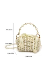 1قطعة حقيبة يد بخيط خرزي لطيفة للبنات بغلق سحاب، حقيبة كروس بخرز أبيض، مناسبة للربيع/الصيف