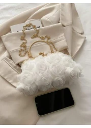 1pc Sweet Handbag Clip Opening And Closing Chiffon Three Dimensional Flower Evening Bag Champagne Color Ladies Cheongsam Bag Handmade Dress Bag Chain Decoration Bag Handbag Exquisite And Versatile Sui