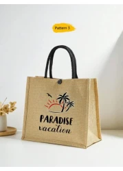 1 Pc Simple Linen Summer Element Print Tote Bag For Big Children Large Capacity Travel Bag Square Bag Gift Bag Shopping Bag Portable Button Closure Handbag For Daily Class And Back To School Shopping