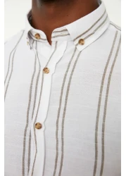  Collection Beige Slim Fit Buttoned Collar Thin Striped Shirt