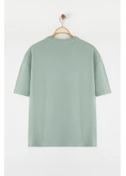  Collection Dark Mint Oversize 100% Cotton Crew Neck Minimal Text Printed Tok Fabric T-Shirt Tmnss23Ts00084