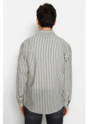  Collection قميص ذو مظهر كتان مخطط بقصة عادية باللون الأزرق الداكن TMNSS23GO00062