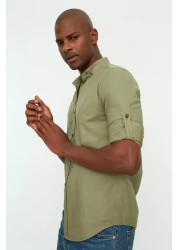  Collection قميص أخضر بقصة ضيقة مع كتاف - كم طويل، 100% قطن، TMNSS20GO0189