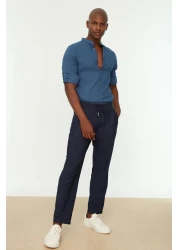  Collection Navy Blue Linen Look Elastic Waist Tied Trousers - Tmnss20Pl0547