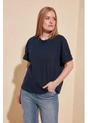  Collection Navy Blue 100% Cotton Back Embroidered Relaxed/Wide Relaxed Cut Crew Neck Knitted T-Shirt TWOSS20TS0121