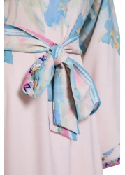  Modest Powder Linen Look Spanish Sleeves Belted Print Woven Dress Tctss25Eb00033