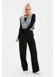  Collection بنطال أسود عالي الخصر بأرجل واسعة/أرجل واسعة من القماش المنسوج بطيات TWOAW21PL0076