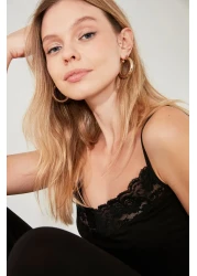  Collection Viscose Knitted Black Lace Pajamas Set - Rope Strap, Ribbon/Bow Detail Thmss20Pt0134