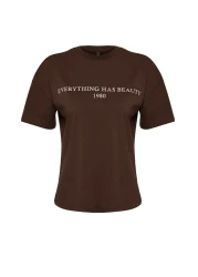  Collection تي شيرت محبوك بني 100٪ قطن مطبوع عليه شعار مريح / واسع ومريح TWOSS19GH0034