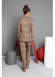 Siyah İnci Women's Leopard Cotton Buttoned Pijama Set