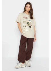  Collection تي شيرت محبوك من Premium Stone 100% قطن مطبوع كبير الحجم/قصة واسعة ورقبة دائرية TWOSS23TS00282