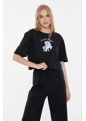  Collection طقم بيجامة محبوكة من القطن الأسود مع تفاصيل الأنابيب المطبوعة الترفيهية THMSS21PT0953