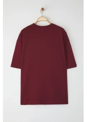  Collection تي شيرت أحمر كلاريت كبير الحجم 100% بياقة دائرية ونص بسيط