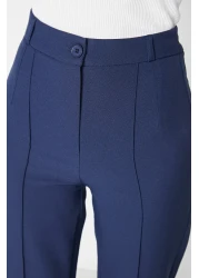  Collection Navy Blue Straight Cut High Waist Ribbed Stitched Woven Trousers TWOSS21PL0093