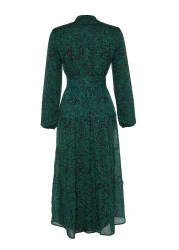  Modest فستان منسوج من الشيفون مبطن بحزام منقوش باللون الأخضر الداكن TCTSS21EL3346