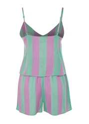  Collection Multicolor Striped Rope Strap Woven Pajama Set with Viscose Shorts Thmss23Pt00225