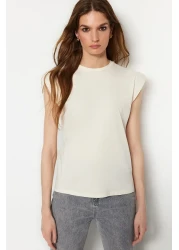  Collection Beige 100% Cotton Wadding Look Basic Crew Neck Knitted T-Shirt TWOSS20TS0021