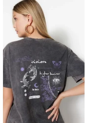  Collection Anthracite 100% Cotton Faded Effect Back Printed Boyfriend Crew Neck Knitted T-Shirt TWOSS23TS00109