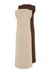  Modest عبوة من قطعتين فستان محبوك باللونين البني والبيج 100% قطن - TCTAW22UK0110