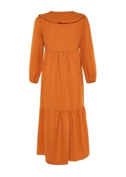  Modest Cinnamon Embroidery Detailed Linen Look Woven Dress Tctss23Eb00257