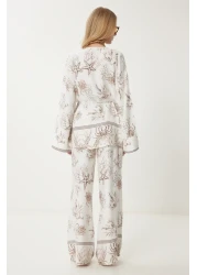 Happiness İstanbul طقم تونيك وبنطلون صيفي منقوش باللون البني للنساء FN03457